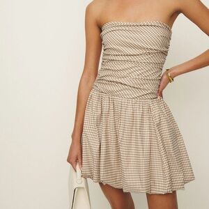 NWT - Reformation Strapless Gingham Dress in Brown and White